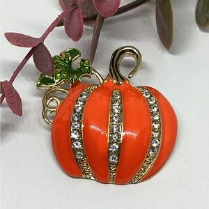 Orange Pumpkin Brooch with Gold and Green Accents